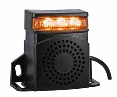 Schwarzer R�ckfahralarm mit leuchtendem orangefarbenem LED-Blitzer und Lautsprechergitter.
