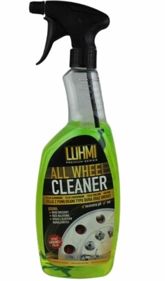 Gr�ne LUHMI All Wheel Cleaner Spr�hflasche mit schwarzem Spr�hkopf. Etikett zeigt Felge mit Wirkindikator.