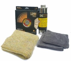 Luhmi One Step Politur Set: Silberne Metallpoliturflasche, schwarze Polierscheibenbox, gelbe Filz- und graue Mikrofasert�cher.
