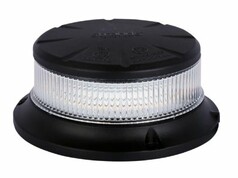 Eine schwarze Strands Rundumleuchte Mini mit klarer Linse und bernsteinfarbenen LEDs.