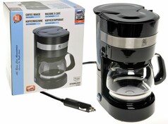 Schwarze 24V Kaffeemaschine mit Glaskanne und silbernem Band, inklusive 1m Kabel mit Zigarettenanz�nderstecker.