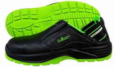 EuroRoutier Hybrid Safety Clogs aus schwarzem Nappa Leder mit leuchtend gr�nen Sohlen und Akzenten.