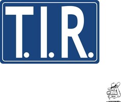 Blauer Aufkleber mit wei�em Rahmen und der Aufschrift T.I.R.