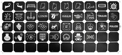 Schwarzes Symbolblatt mit vielen wei�en Icons f�r Commander-Bedienfelder, darunter LKW-Zubeh�r-Symbole.