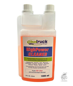 CleanTruck HighPower Cleaner, 1000ml Konzentrat in transparenter Flasche mit Dosierkammer und orangefarbener Fl�ssigkeit.