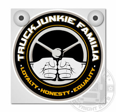 Quadratische Platte f�r Leuchtkasten mit Truck Junkie Familia Logo, Lenkrad, F�usten und Schriftzug, schwarz-gelb.
