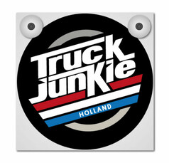 Wei�e Platte f�r Leuchtkasten mit schwarzem "Truck Junkie" Logo und rot-wei�-blauen Holland-Streifen.