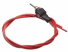 Mini-Kippschalter mit schwarzem Geh�use, silbernem Hebel und angeschlossenem rotem Kabel.