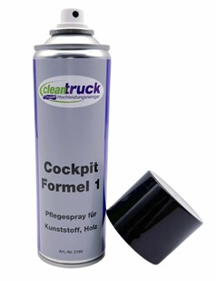 CleanTruck Cockpit Formel 1 Pflegespray: silberne Spr�hflasche mit abgenommener schwarzer Kappe.