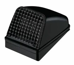 Toplampe mit schwarzer, flacher Basis und geriffeltem, rauchfarbenem Glas.