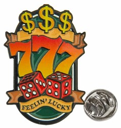 Scandi PIN 777: Gr�ner Pin mit drei gelben Dollarzeichen, roten 777, zwei roten W�rfeln und "FEELIN