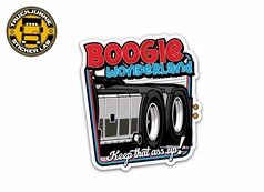 Gl�nzender Aufkleber "Boogie Wonderland" mit stilisiertem LKW-Heck und Text "Keep that ass up!".