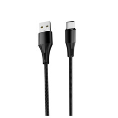 Schwarzes, geflochtenes USB Typ-C Ladekabel mit USB-A und USB-C Steckern.