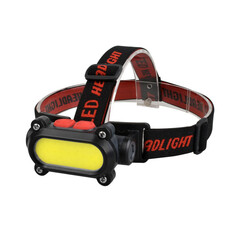 Schwarze Stirnlampe aus ABS-Kunststoff mit leuchtendem gelbem COB-Licht und roten Kn�pfen. Schwarzes Kopfband mit "LED HEADLIGHT" Aufschrift.