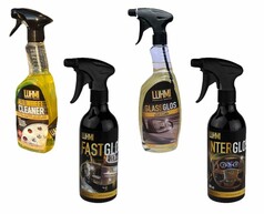 Mehrere LUHMI Reinigungs- und Pflegeprodukte: Felgenreiniger, Lackreiniger, Glasreiniger und Kunststoffreiniger in Spr�hflaschen.