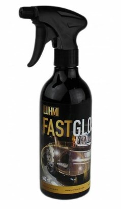 Schwarze Spr�hflasche LUHMI FastGlos Lackreiniger 500ml mit gl�nzendem Fahrzeug auf dem Etikett.