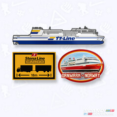 Buntes Scandi Stickerset mit F�hrmotiven: TT-Line F�hre, gelbes Stena Line Cargo Schild, ovaler Norwegen F�hren-Aufkleber.