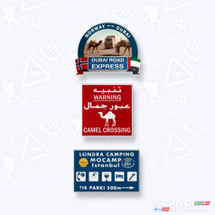 Set aus drei farbigen Aufklebern: Norway-Dubai mit LKW und Kamelen, roter Camel Crossing Aufkleber, blauer Londra Camping Aufkleber.