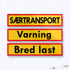 Set gelber Aufkleber mit rotem Rand und schwarzem Text: S�RTRANSPORT, Varning, Bred last.