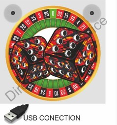Runde Leuchtkasten-Grafik mit rotem W�rfelpaar auf Roulette-Rad. Oben sind Saugn�pfe sichtbar.