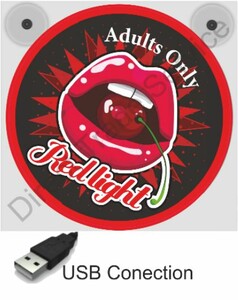 Leuchtkasten mit rotem Lippen-Design, Kirsche und den Schriftz�gen "Adults Only" und "Redlight". Mit Saugern und USB-Anschluss.