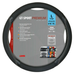 Schwarzer Sportgriff Lenkradschoner mit wei�en N�hten auf Verpackung. GT-SPORT PREMIUM, Gr��e 46-48 cm.