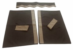 LKW Gardinenset aus dunkelbraunem Stoff mit beiger Kunstlederkante. Zeigt Bord�re, Rundumgardine und R�ckhalteb�nder.