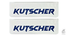 Ein Paar wei�e Schmutzf�nger mit Wulst und dunkelblauer "KUTSCHER" Beschriftung.