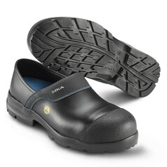 Schwarze SIKA Arbeitsclogs aus Leder mit blauen N�hten und robuster Zehenkappe. Eine Sohle zeigt das Profil. ESD-Symbol sichtbar.