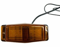 Orangefarbene DTS Double Dutch LED-Leuchte aus Kunststoff mit Anschlusskabeln.