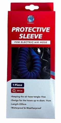 Rote Verpackung der DTS Schutzh�lle f�r Luftschlauch, zeigt eine dunkelblaue, geriffelte Schlauchh�lle.