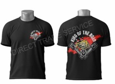 Schwarzes Baumwoll-T-Shirt mit kleinem "King of the Road" Druck auf der Brust und gro�em Druck mit Tierkopf und Kolben auf dem R�cken.