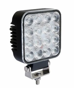 Quadratische schwarze LED Arbeitsleuchte mit mehreren LEDs und silberner Befestigungshalterung.