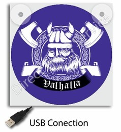 Eckiger, blauer Leuchtkasten mit Wikingerkopf-Motiv, �xten und "Valhalla" Schriftzug. Inklusive USB-Anschluss und Saugern.