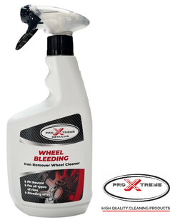 Wei�e Spr�hflasche Pro Xtreme Wheel Bleeding Felgenreiniger mit schwarzem Etikett und Felgenbild.
