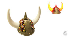 Pl�sch Wikingerhelm in Gold mit bunten Mustern und wei�en H�rnern. Eine Ansicht zeigt die leuchtenden H�rner.