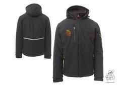 Wattierte anthrazitfarbene Herren-Softshelljacke mit Kapuze, Berg B�r Aufdruck und Reflexstreifen.