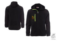 Schwarze zweifarbige Strickjacke mit Softshell-Eins�tzen, Kapuze und Berg B�r Aufdruck. Neonfarbene Rei�verschl�sse und Brusttasche.