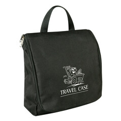 Schwarze Kulturtasche aus Stoff mit Rei�verschluss und Tragegriff. Aufschrift "TRAVEL CASE".