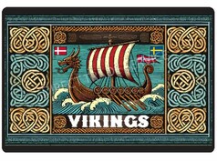 Fu�matte mit buntem Wikingerschiff auf Wellen, umrahmt von goldenen und blauen keltischen Ornamenten. D�nische, schwedische, norwegische Flaggen. Text: VIKINGS.