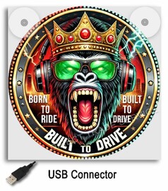 Eckiger Leuchtkasten mit rundem Design: aggressiver Gorilla mit Krone, gr�ner Sonnenbrille, Text 