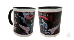 AST "Memory Edition" Tasse, schwarz mit wei�em Rand. Bedruckt mit LKW, Fl�geln und "SCHUBERT TRUCKING FOREVER".