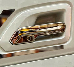 T�rgriffhalter aus poliertem Edelstahl f�r DAF XG/XG+ mit Schl�ssel�ffnung, auf LKW-T�r montiert.