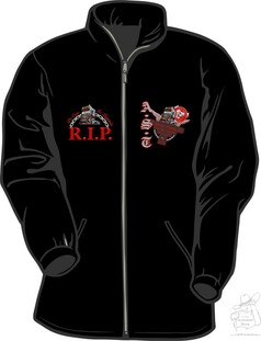 Schwarze AST Fan Jacke mit Rei�verschluss. Zwei LKW-Grafiken auf der Brust mit "R.I.P." und "A.S.T." Schriftz�gen.