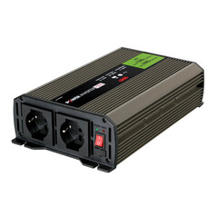 Dunkelgrauer Power Inverter 1500W/3000W aus Aluminium mit Schuko-Steckdosen und rotem Schalter.