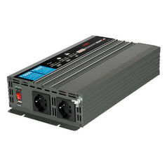Grauer Power Inverter 3000 aus Aluminium mit gerippter Oberfl�che, zwei Schuko-Steckdosen und USB-Anschluss.