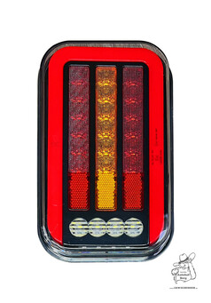 Rechteckiges LED R�cklicht mit roten, gelben und wei�en Lichtsegmenten in schwarzem Geh�use.