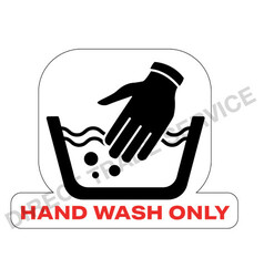 Wei�er Aufkleber mit schwarzem Handwasch-Symbol und rotem Text "HAND WASH ONLY".