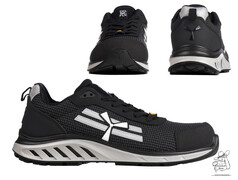 Drei Ansichten des schwarz/grauen Sicherheitsschuhs X-MARS mit wei�em Logo und strukturierter Oberfl�che.