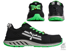 Drei Ansichten des schwarz/gr�nen Sicherheitsschuhs X-MARS mit wei�em Logo und strukturierter Oberfl�che.